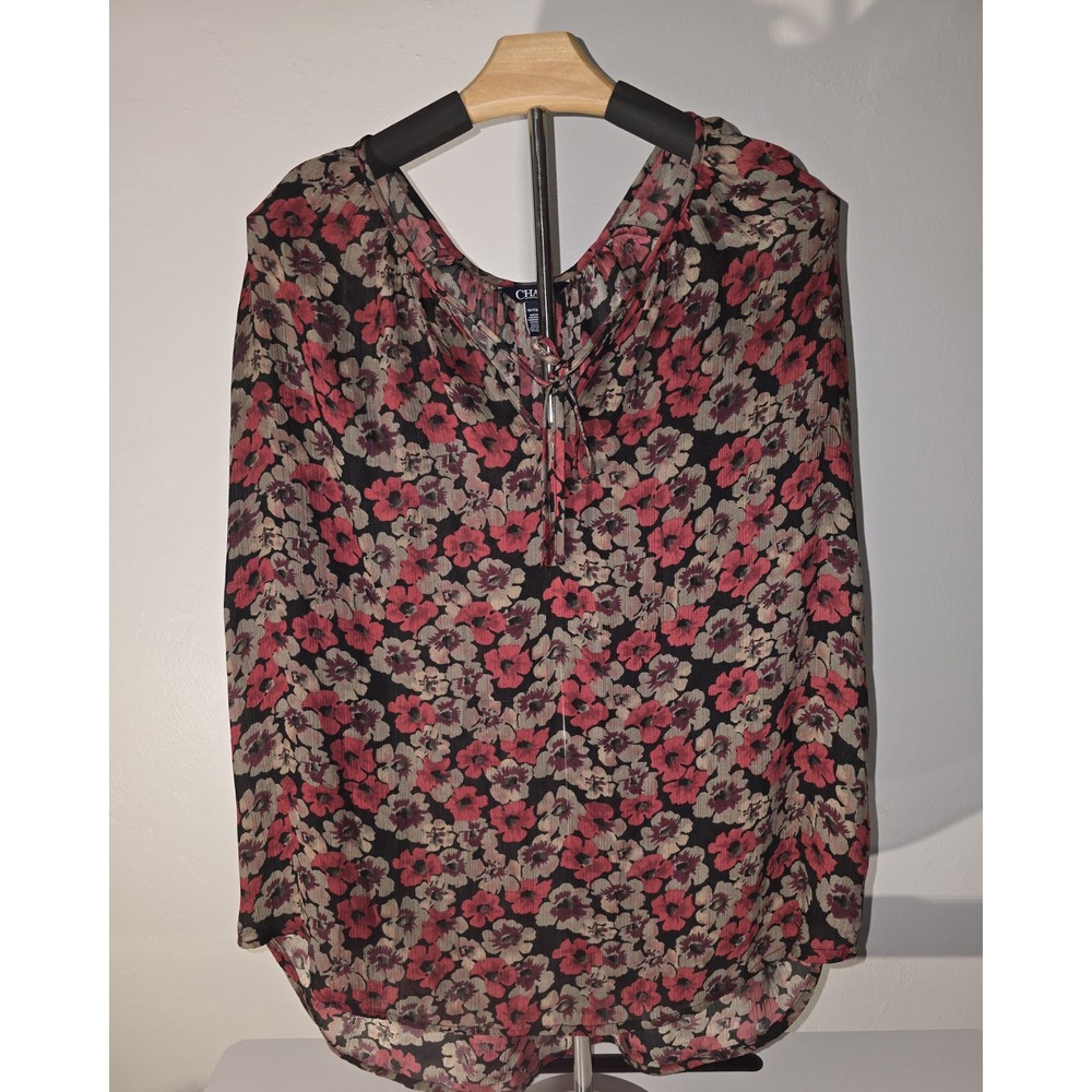 Chaps Women's Red‎ Brown Black Floral Sheer Peasant Style Top 1X -Item#124
